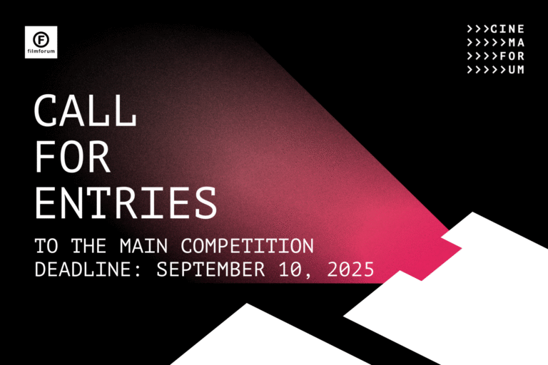 Graphic announcing the call for entries to the main competition of the CINEMAFORUM festival. The design features a black background with a pink beam of light resembling a film projector spotlight. Text reads: ‘Call for entries to the main competition. Deadline: September 10, 2025’. In the top left corner is the Filmforum logo, and in the top right corner is the CINEMAFORUM.